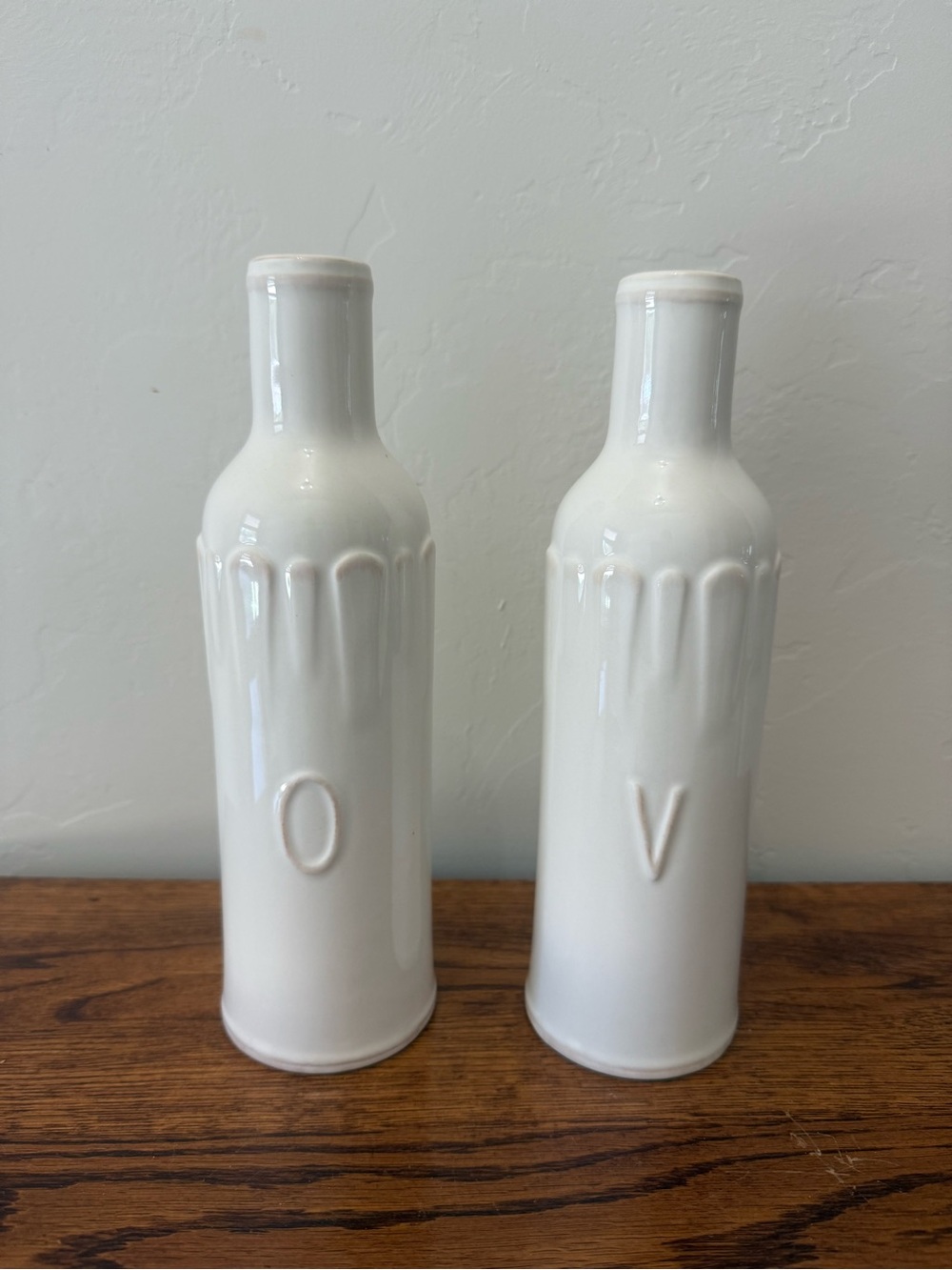 Set of White Ceramic Decorative Bottle Vases/Oil & Vinegar Bottles